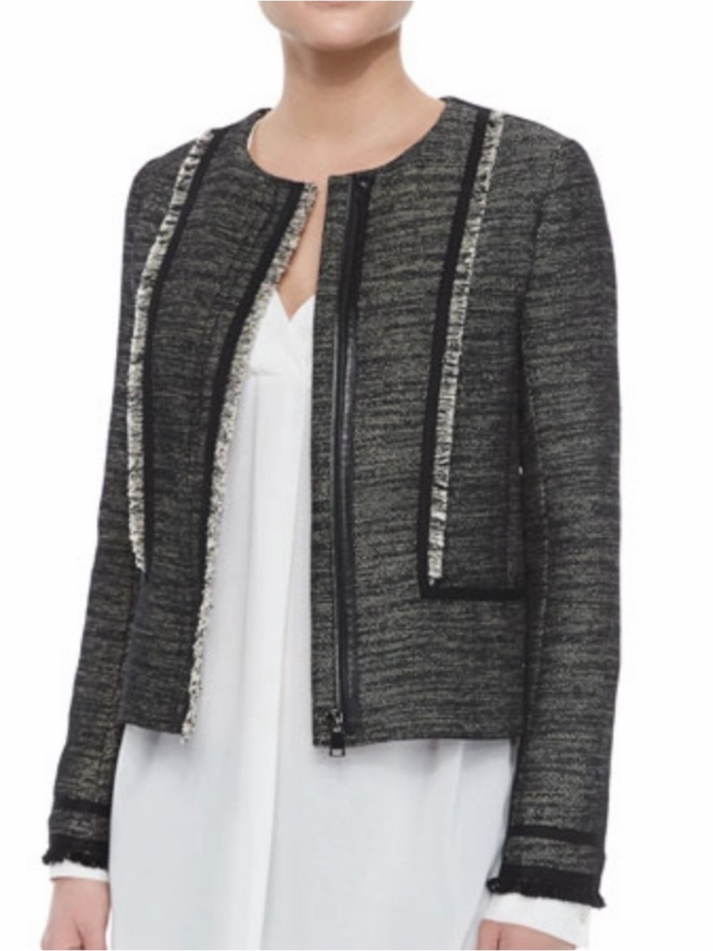 🖤 Vince Fringe Trim Tweed Bouclé Jacket Gray Black Women's Size‎ 2